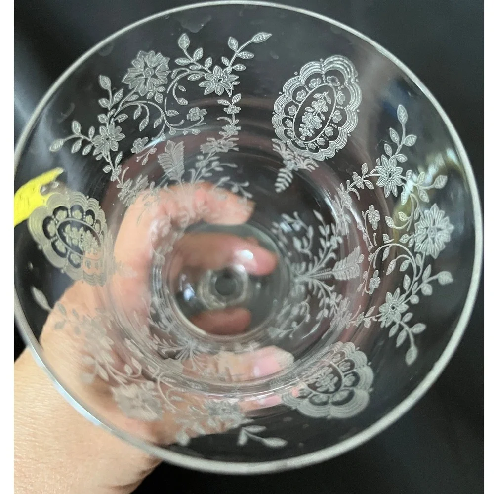 Vintage Etched Floral Glass Goblet Clear Crystal Celery Vase7.5in